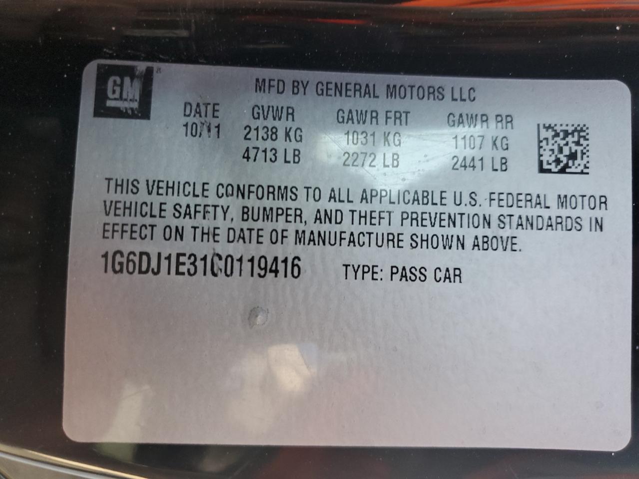 2012 Cadillac CTS VIN 1G6DJ1E31C0119416 Copart auction photo, front end damage thumbnail 12