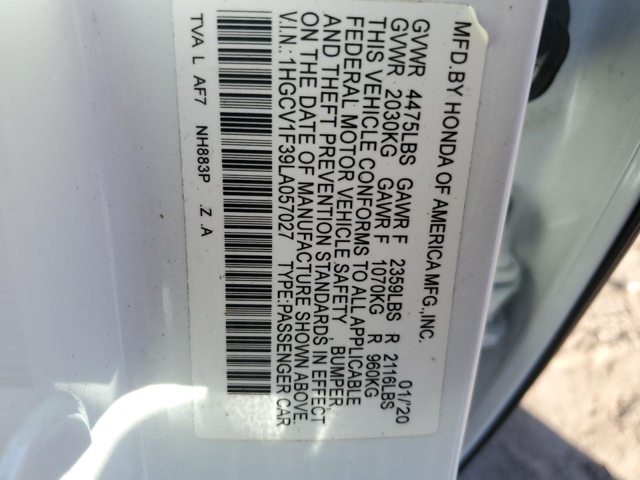 2020 Honda Accord VIN 1HGCV1F39LA057027 Copart auction photo, side / minor dent/scratches damage thumbnail 14