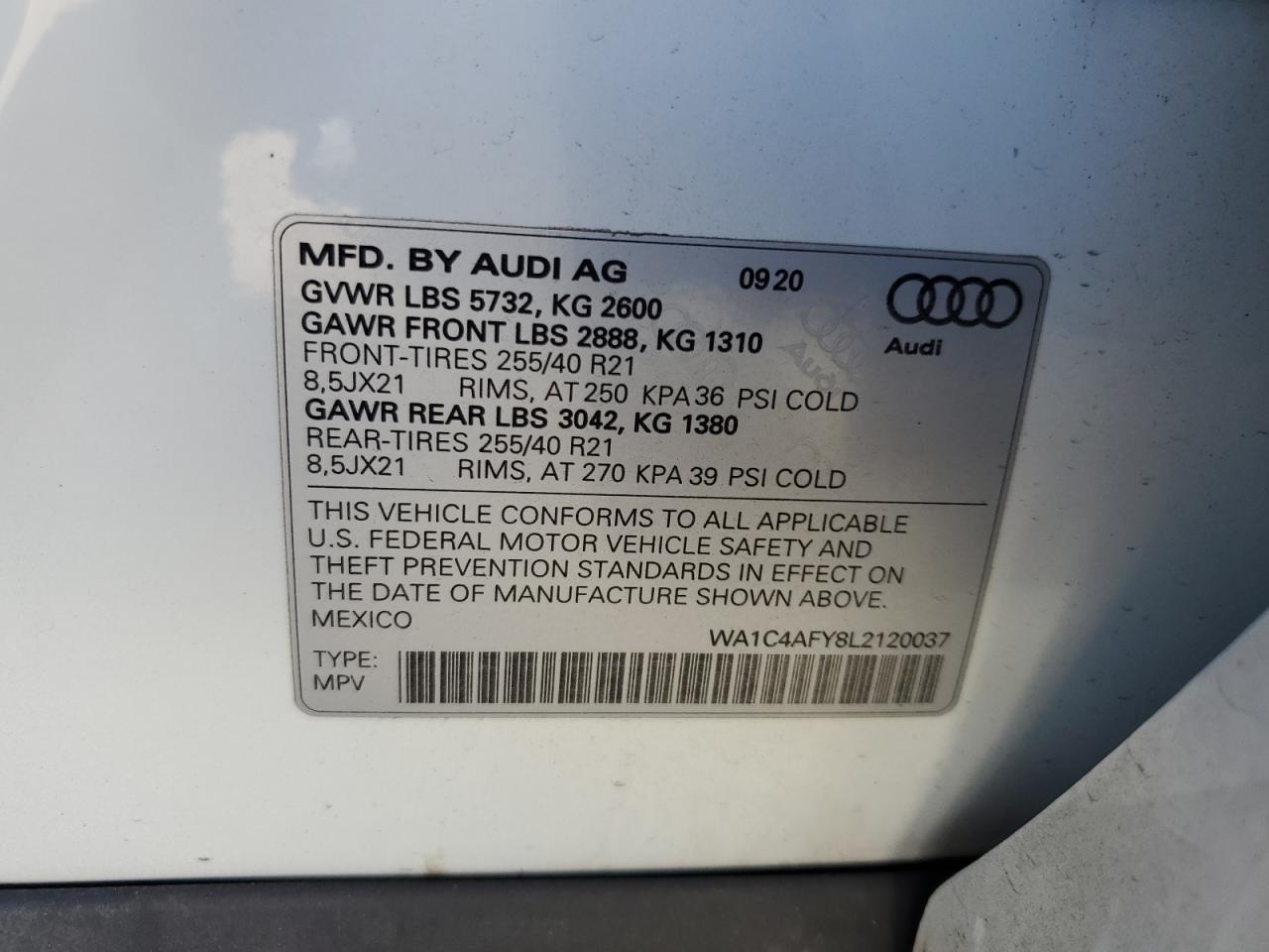 2020 Audi SQ5 VIN WA1C4AFY8L2120037 Copart auction photo, front end damage thumbnail 13