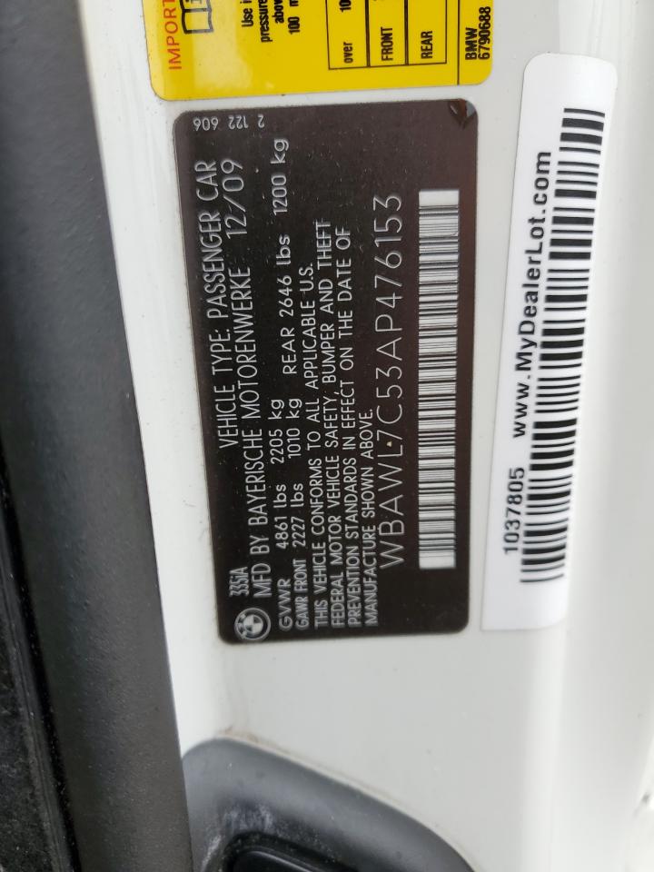 2010 BMW 3er VIN WBAWL7C53AP476153 Copart auction photo, front end / rear end damage thumbnail 13