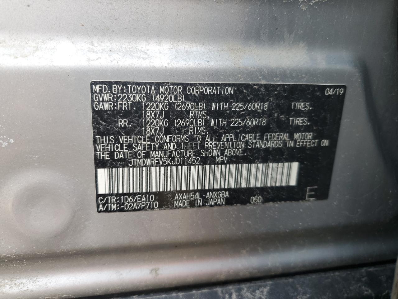 2019 Toyota RAV 4 VIN JTMDWRFV5KJ011452 Copart auction photo, side / all over damage thumbnail 13