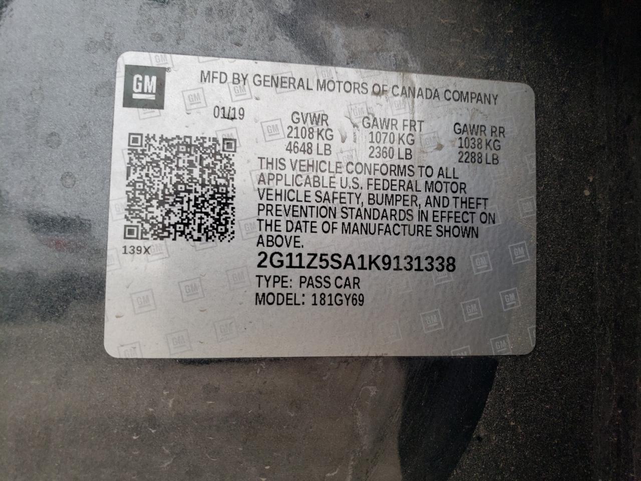 2019 Chevrolet Impala VIN 2G11Z5SA1K9131338 Copart auction photo, front end / undercarriage damage thumbnail 12