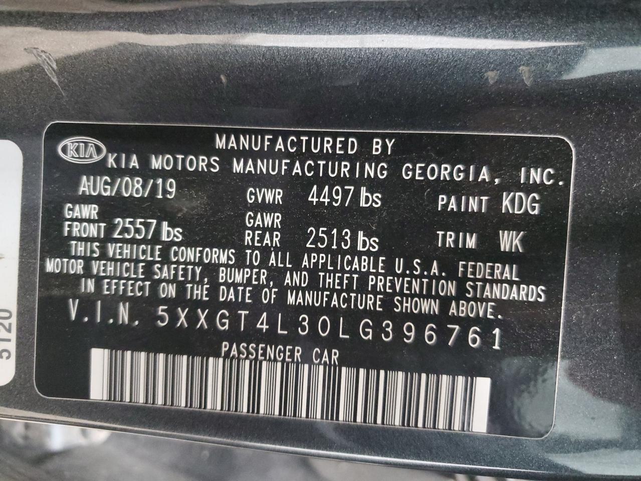 2020 KIA Optima VIN 5XXGT4L30LG396761 Copart auction photo, rear end damage thumbnail 12