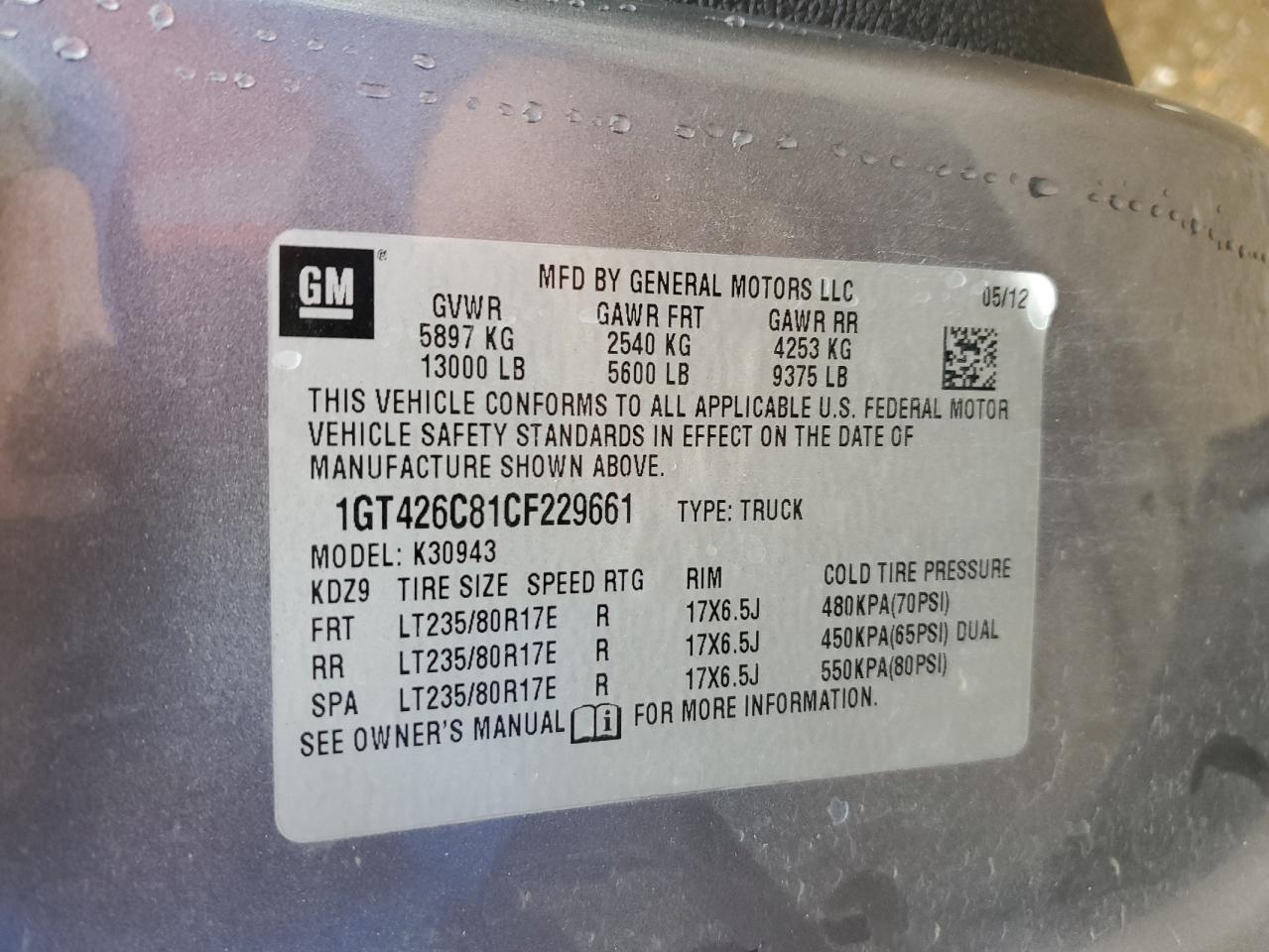 2012 GMC Sierra VIN 1GT426C81CF229661 Copart auction photo, front end damage thumbnail 14