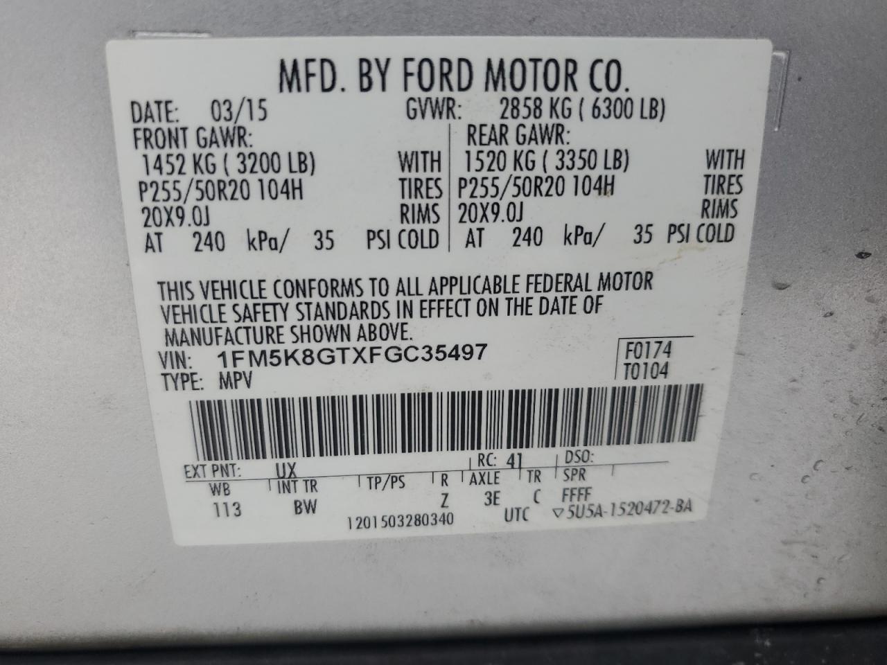 2015 Ford Explorer VIN 1FM5K8GTXFGC35497 Copart auction photo, front end / side damage thumbnail 13