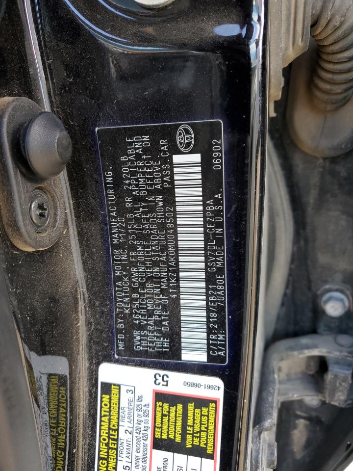 2021 Toyota Camry VIN 4T1KZ1AK0MU048502 Copart auction photo, side damage thumbnail 13