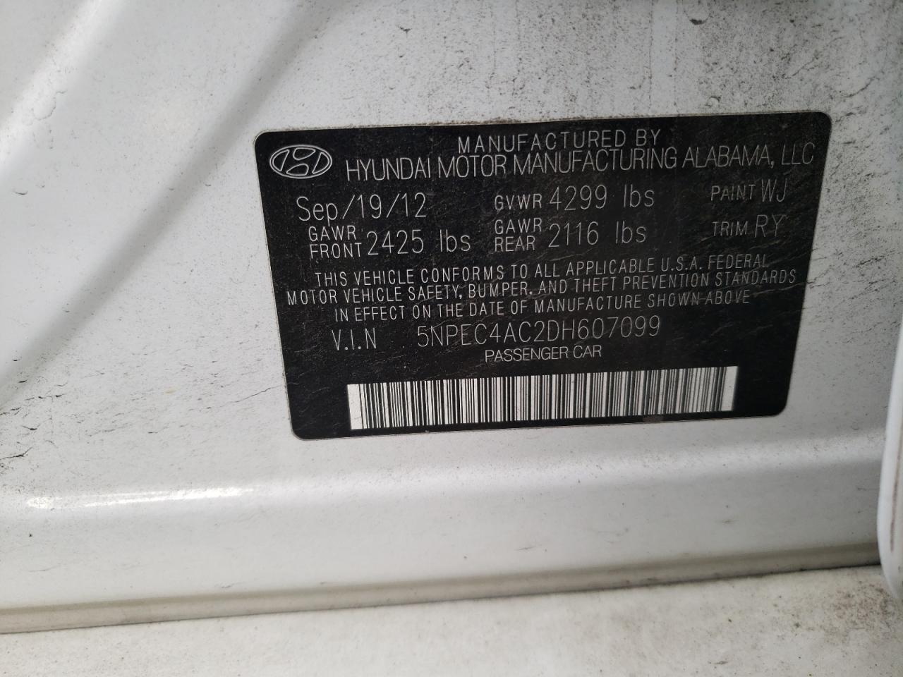 2013 Hyundai Sonata VIN 5NPEC4AC2DH607099 Copart auction photo, rear end damage thumbnail 14