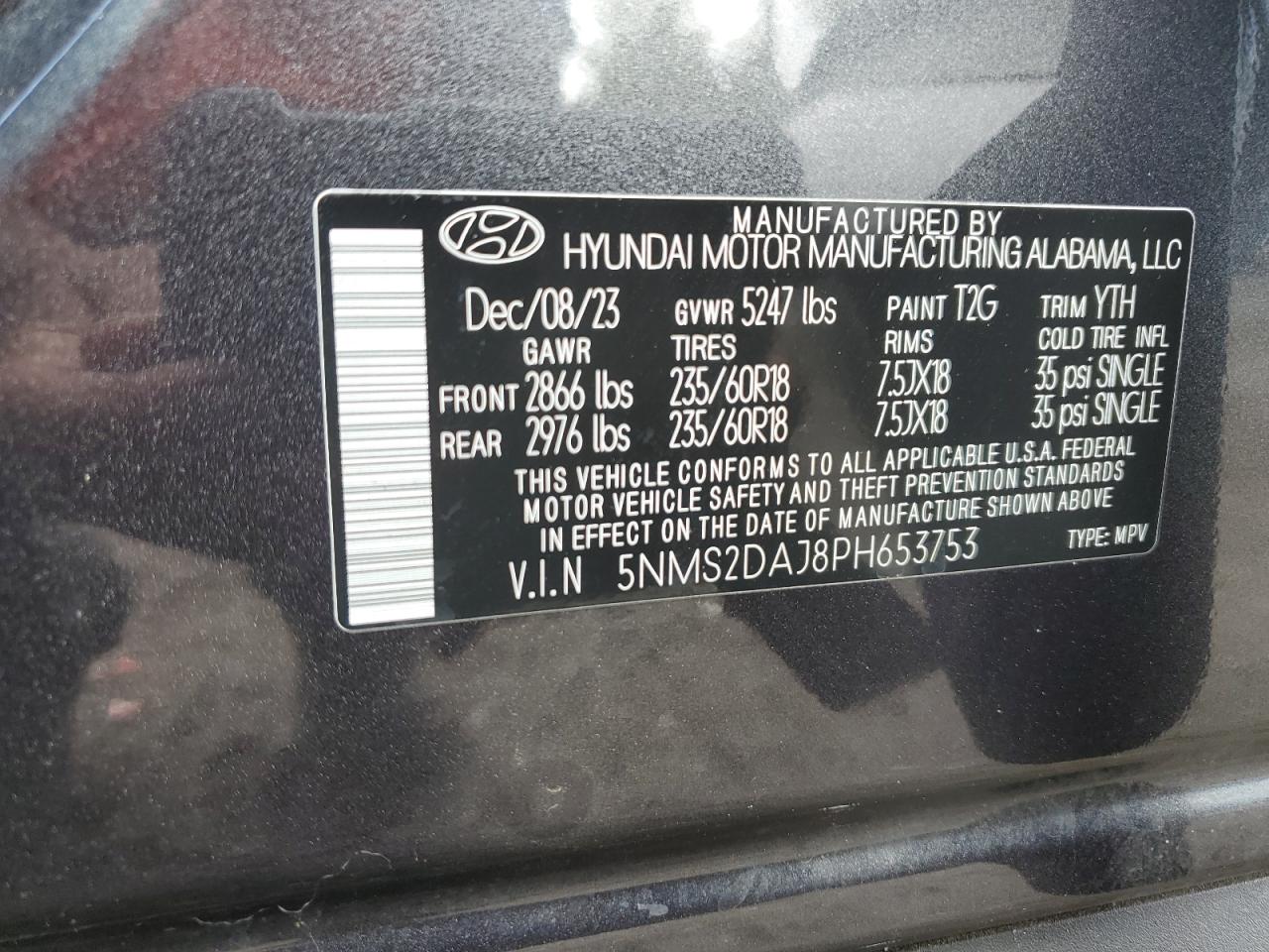 2023 Hyundai Santa Fe VIN 5NMS2DAJ8PH653753 Copart auction photo, front end damage thumbnail 16