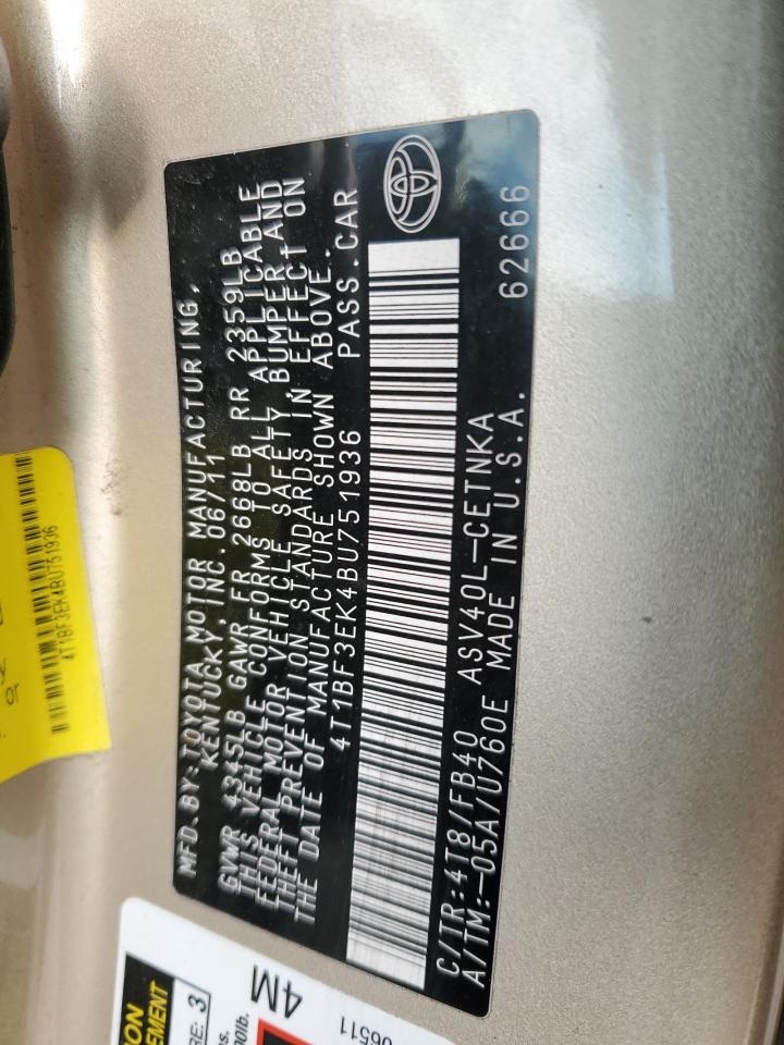 2011 Toyota Camry VIN 4T1BF3EK4BU751936 Copart auction photo, front end / minor dent/scratches damage thumbnail 13
