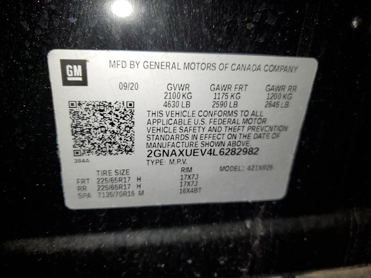 2020 Chevrolet Equinox VIN 2GNAXUEV4L6282982 Copart auction photo, front end / side damage thumbnail 13