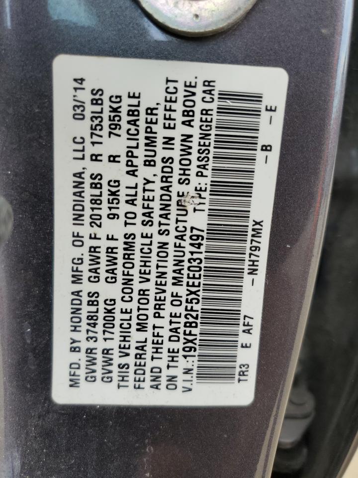 2014 Honda Civic VIN 19XFB2F5XEE031497 Copart auction photo, side / mechanical damage thumbnail 12