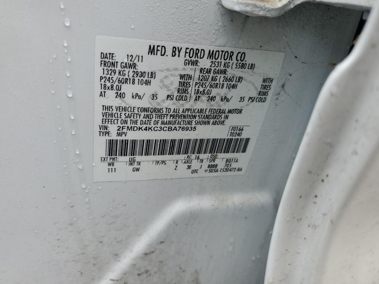 2012 Ford Edge VIN 2FMDK4KC3CBA76935 Copart auction photo, all over damage thumbnail 14