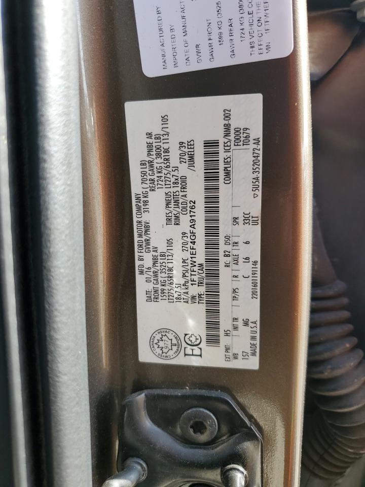 2016 Ford F-150 VIN 1FTFW1EF4GFA91762 Copart auction photo, rear end / front end damage thumbnail 14
