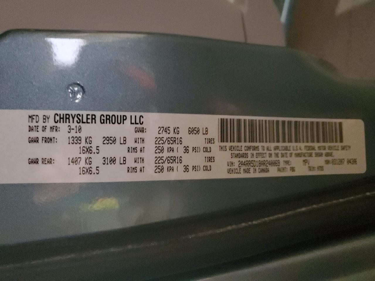 2010 Chrysler Town & Country VIN 2A4RR5D18AR240069 Copart auction photo, front end damage thumbnail 15