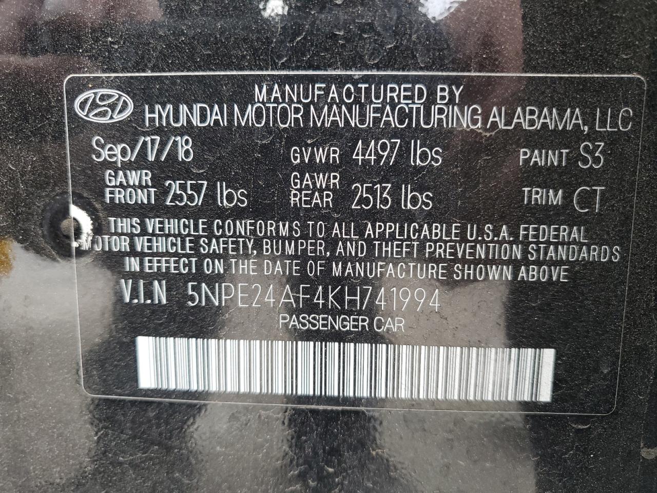 2019 Hyundai Sonata VIN 5NPE24AF4KH741994 Copart auction photo, front end damage thumbnail 14