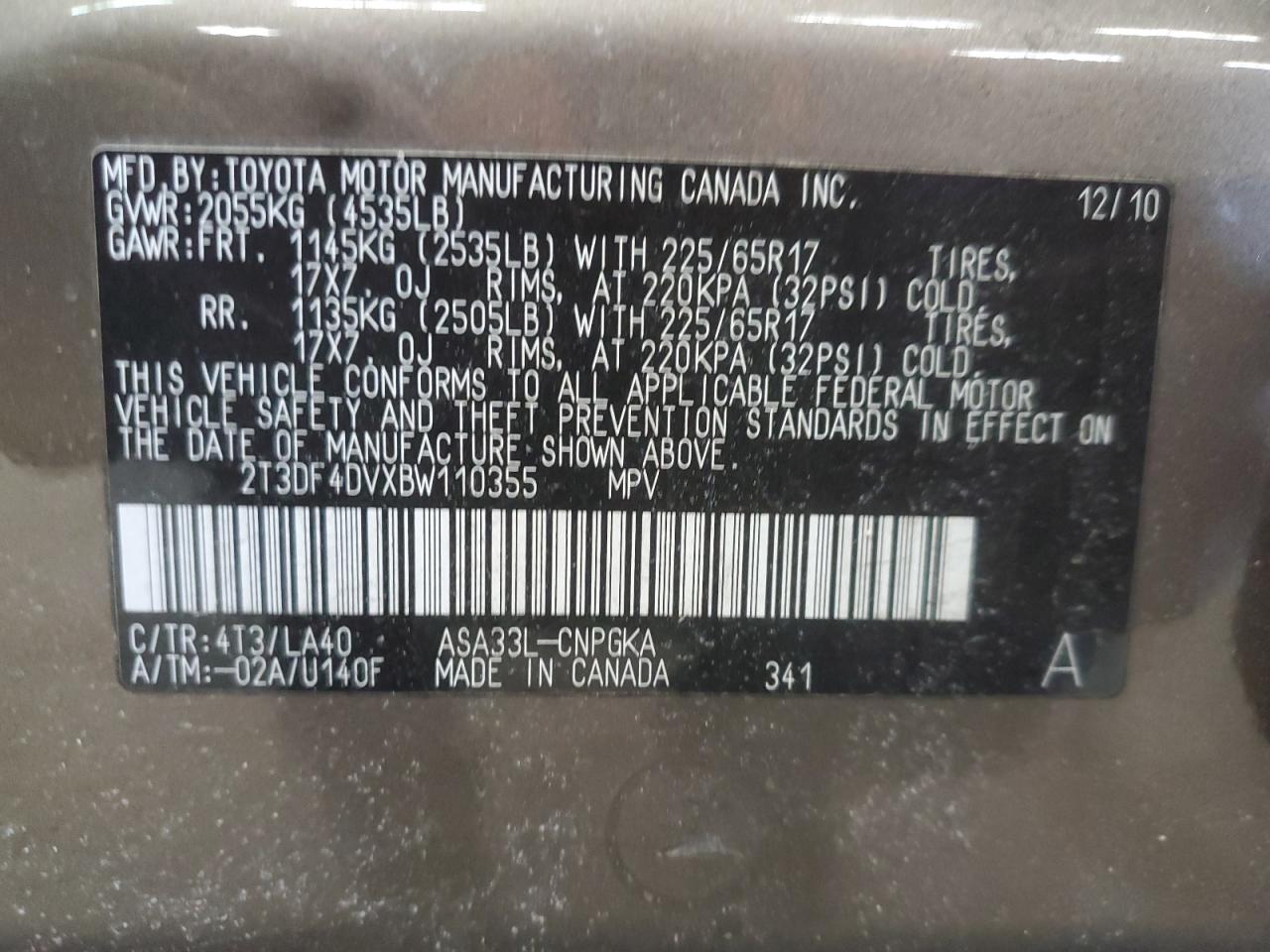2011 Toyota RAV 4 VIN 2T3DF4DVXBW110355 Copart auction photo, mechanical damage thumbnail 13