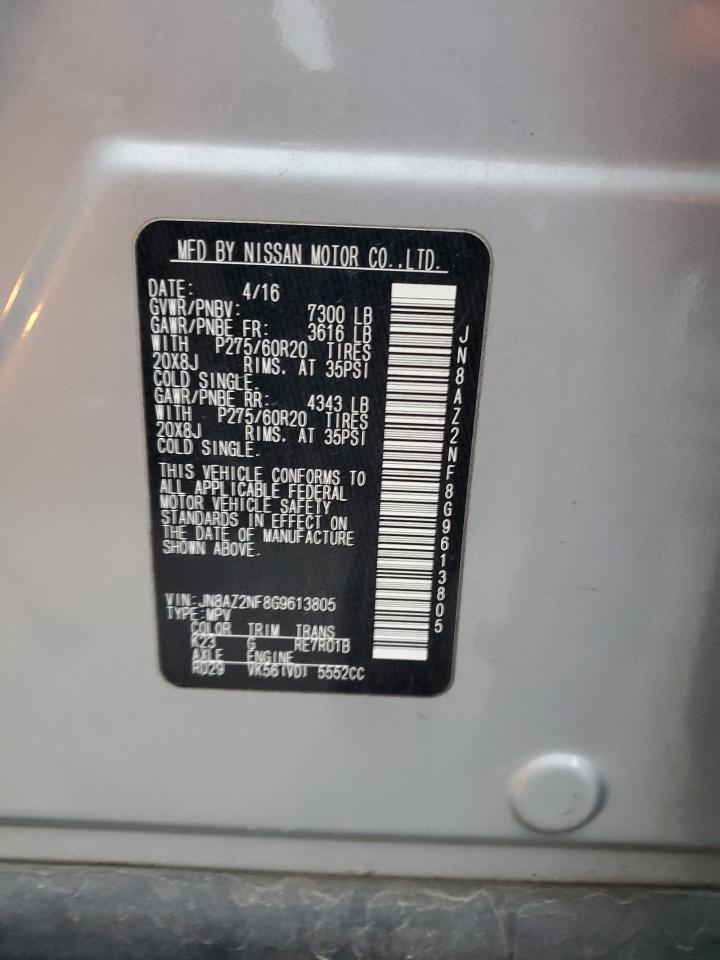 2016 Infiniti QX80 VIN JN8AZ2NF8G9613805 Copart auction photo, front end damage thumbnail 13