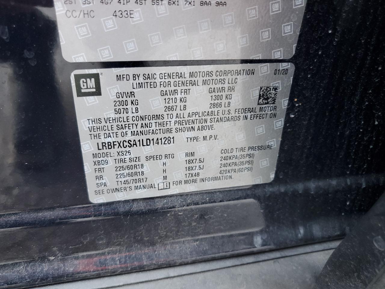 2020 Buick Envision VIN LRBFXCSA1LD141281 Copart auction photo, side damage thumbnail 13