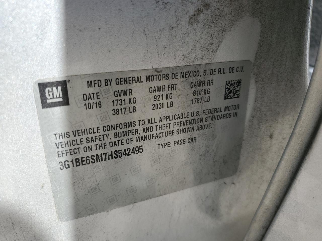2017 Chevrolet Cruze VIN 3G1BE6SM7HS542495 Copart auction photo, front end / side damage thumbnail 13