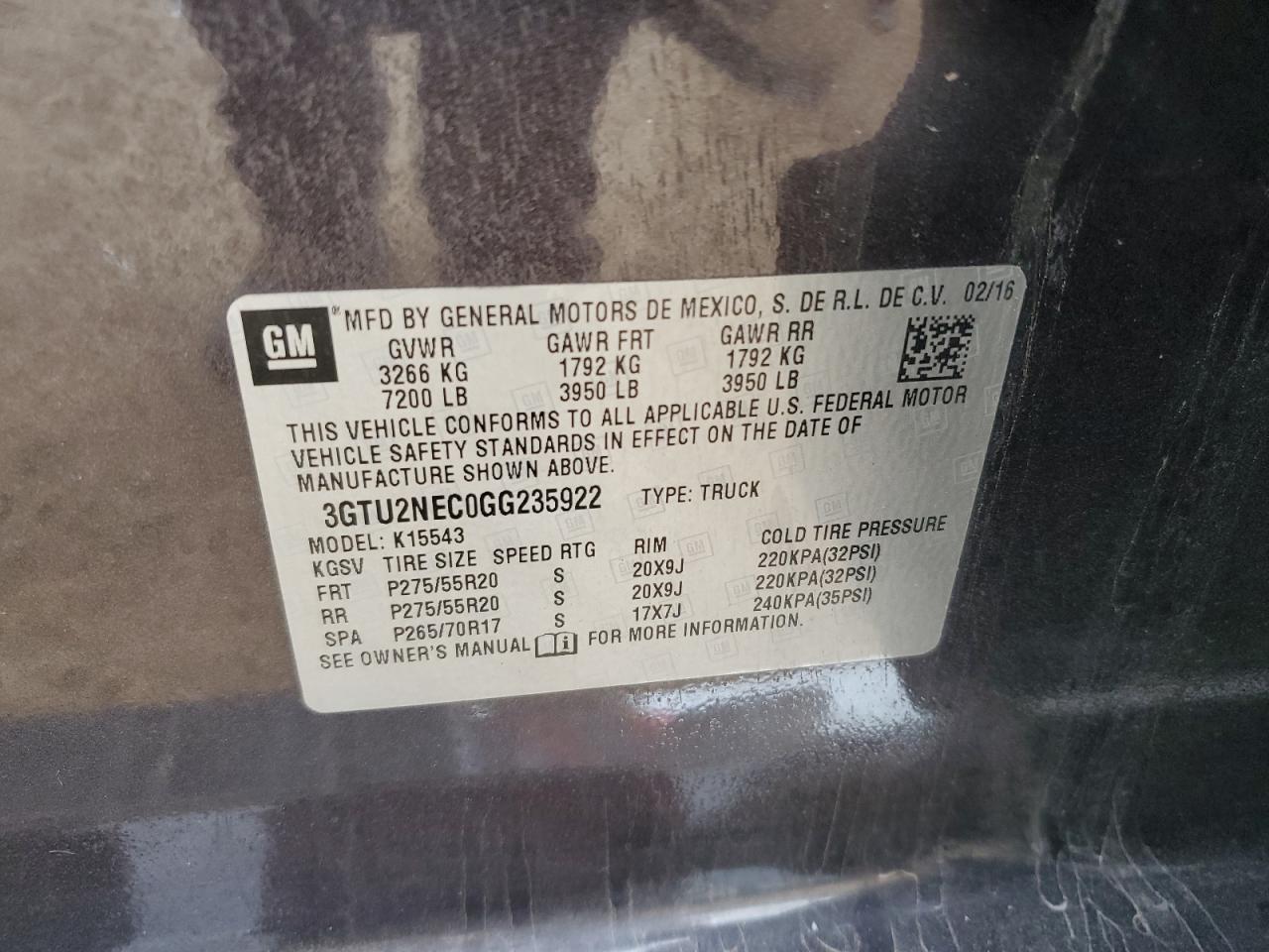2016 GMC Sierra VIN 3GTU2NEC0GG235922 Copart auction photo, front end / minor dent/scratches damage thumbnail 13