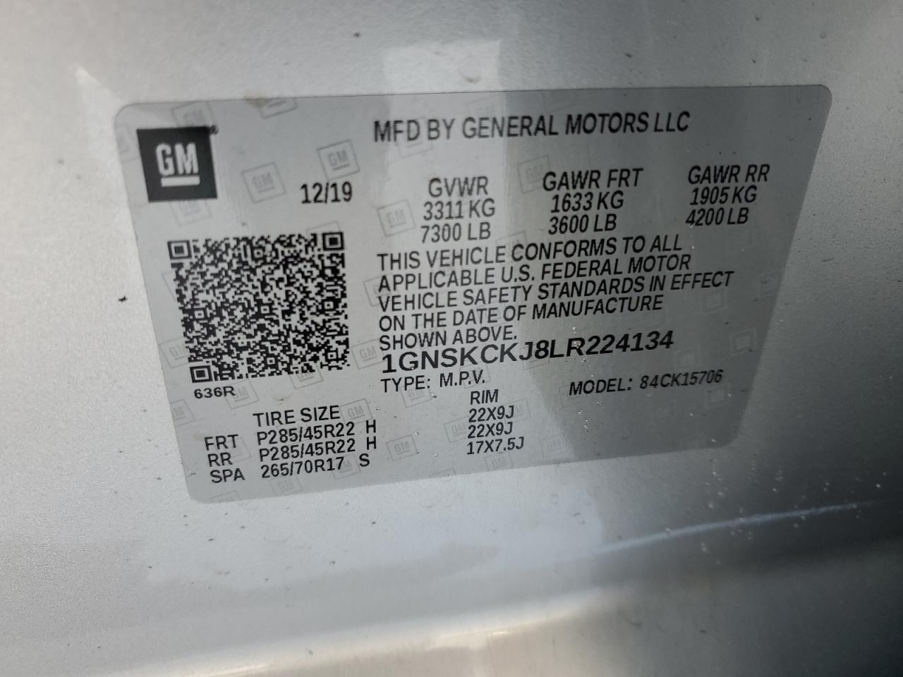 2020 Chevrolet Tahoe VIN 1GNSKCKJ8LR224134 Copart auction photo, all over damage thumbnail 14