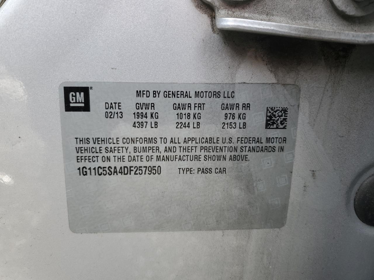 2013 Chevrolet Malibu VIN 1G11C5SA4DF257950 Copart auction photo, rear end damage thumbnail 12