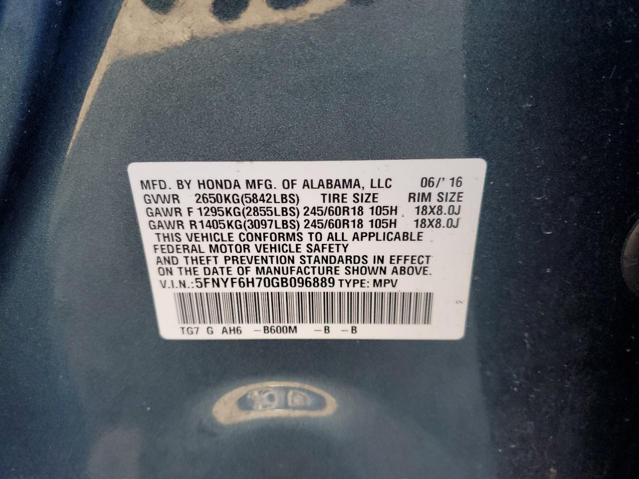 2016 Honda Pilot VIN 5FNYF6H70GB096889 Copart auction photo, side / undercarriage damage thumbnail 13