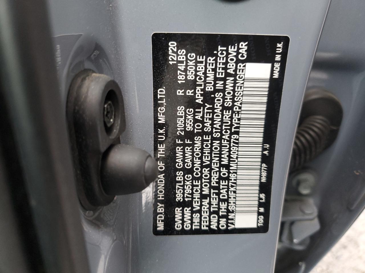 2021 Honda Civic VIN SHHFK7H61MU409779 Copart auction photo, rear end / side damage thumbnail 14