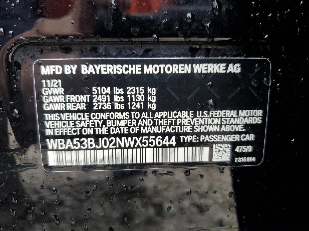 2022 BMW 5er VIN WBA53BJ02NWX55644 Copart auction photo, front end damage thumbnail 13
