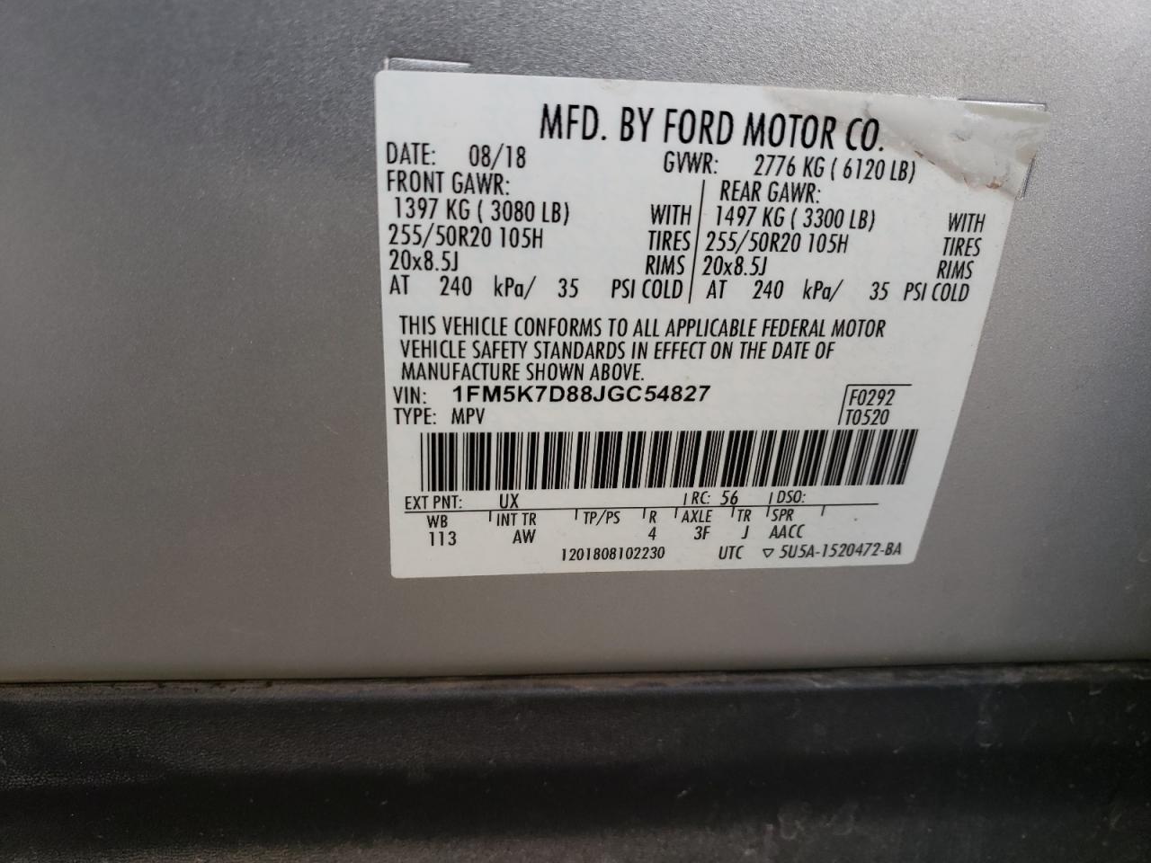 2018 Ford Explorer VIN 1FM5K7D88JGC54827 Copart auction photo, front end damage thumbnail 15