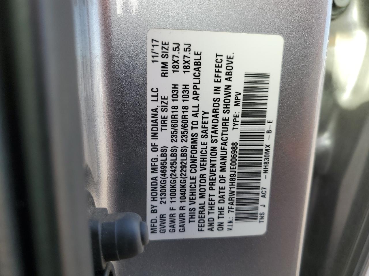 2018 Honda CR-V VIN 7FARW1H89JE006988 Copart auction photo, front end / rear end damage thumbnail 12