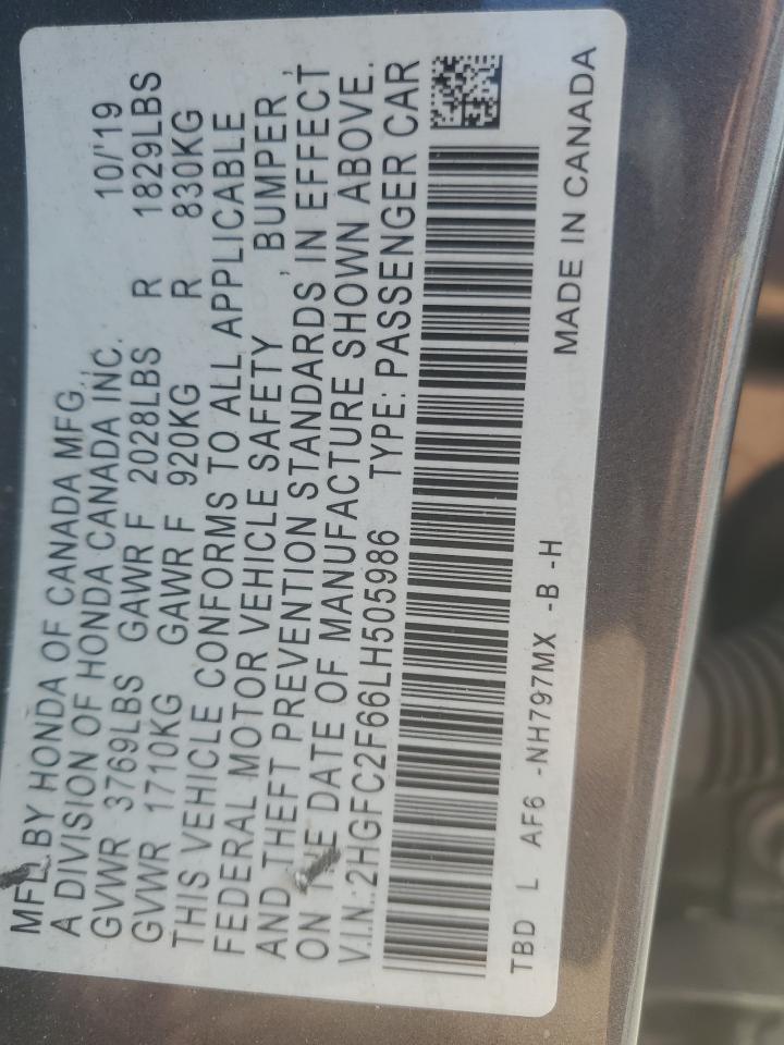 2020 Honda Civic VIN 2HGFC2F66LH505986 Copart auction photo, front end damage thumbnail 12