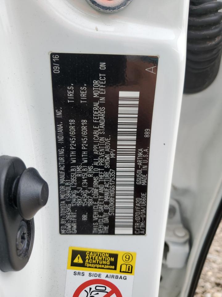 2016 Toyota Highlander VIN 5TDZKRFH0GS175357 Copart auction photo, front end / side damage thumbnail 15