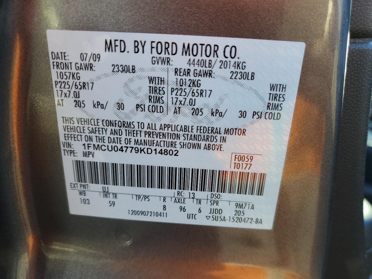 2009 Ford Escape VIN 1FMCU04779KD14802 Copart auction photo, rear end damage thumbnail 13