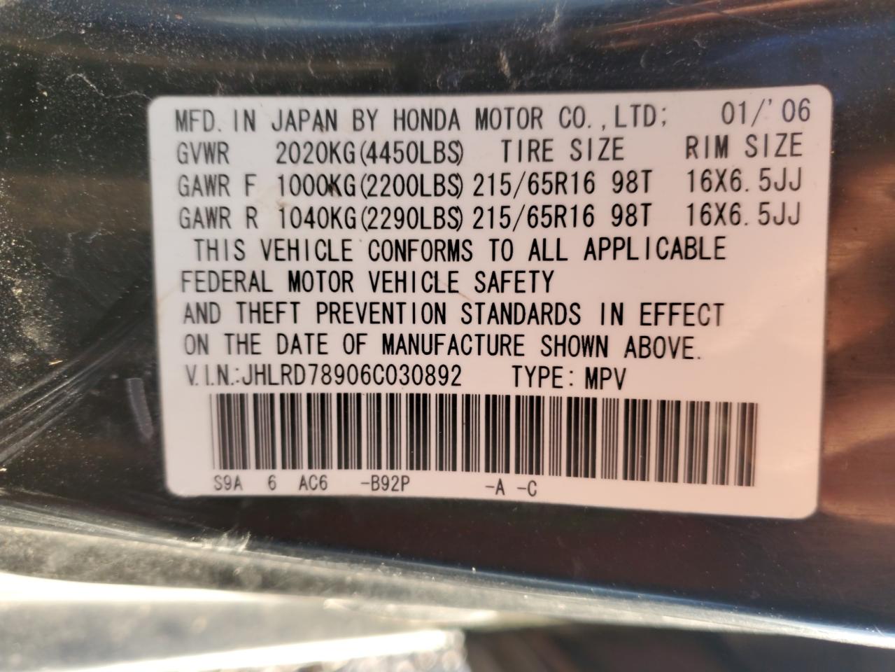2006 Honda CR-V VIN JHLRD78906C030892 Copart auction photo, front end damage thumbnail 16