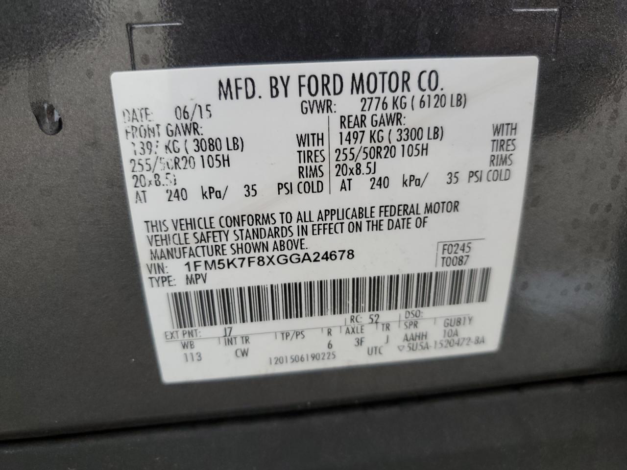 2016 Ford Explorer VIN 1FM5K7F8XGGA24678 Copart auction photo, rear end damage thumbnail 15