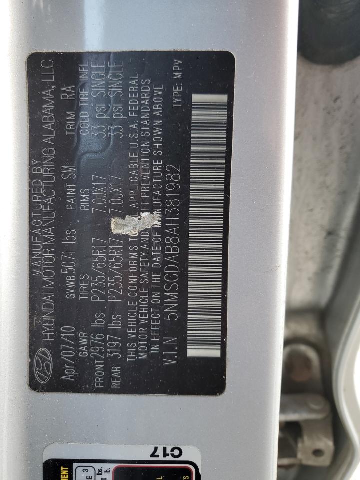 2010 Hyundai Santa Fe VIN 5NMSGDAB8AH381982 Copart auction photo, normal wear / minor dent/scratches damage thumbnail 13