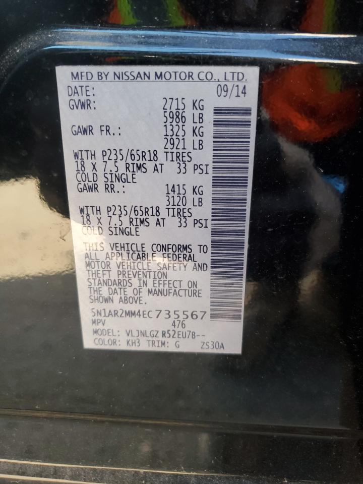 2014 Nissan Pathfinder VIN 5N1AR2MM4EC735567 Copart auction photo, front end / side damage thumbnail 14