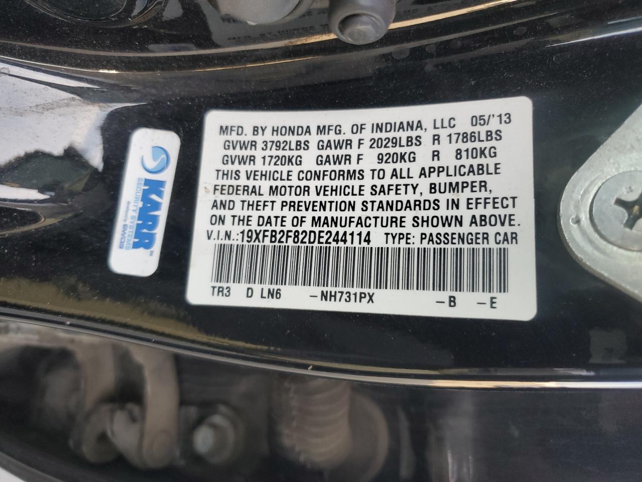2013 Honda Civic VIN 19XFB2F82DE244114 Copart auction photo, rear end / side damage thumbnail 12