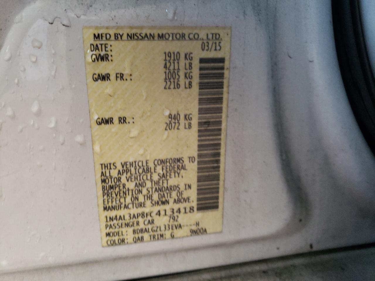 2015 Nissan Altima VIN 1N4AL3AP8FC413418 Copart auction photo, front end / side damage thumbnail 12