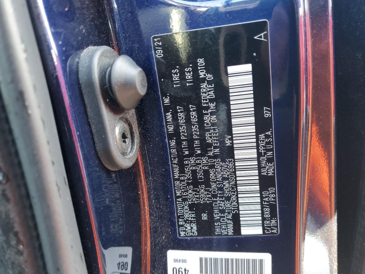 2022 Toyota Sienna VIN 5TDKRKEC7NS076963 Copart auction photo, rear end damage thumbnail 13