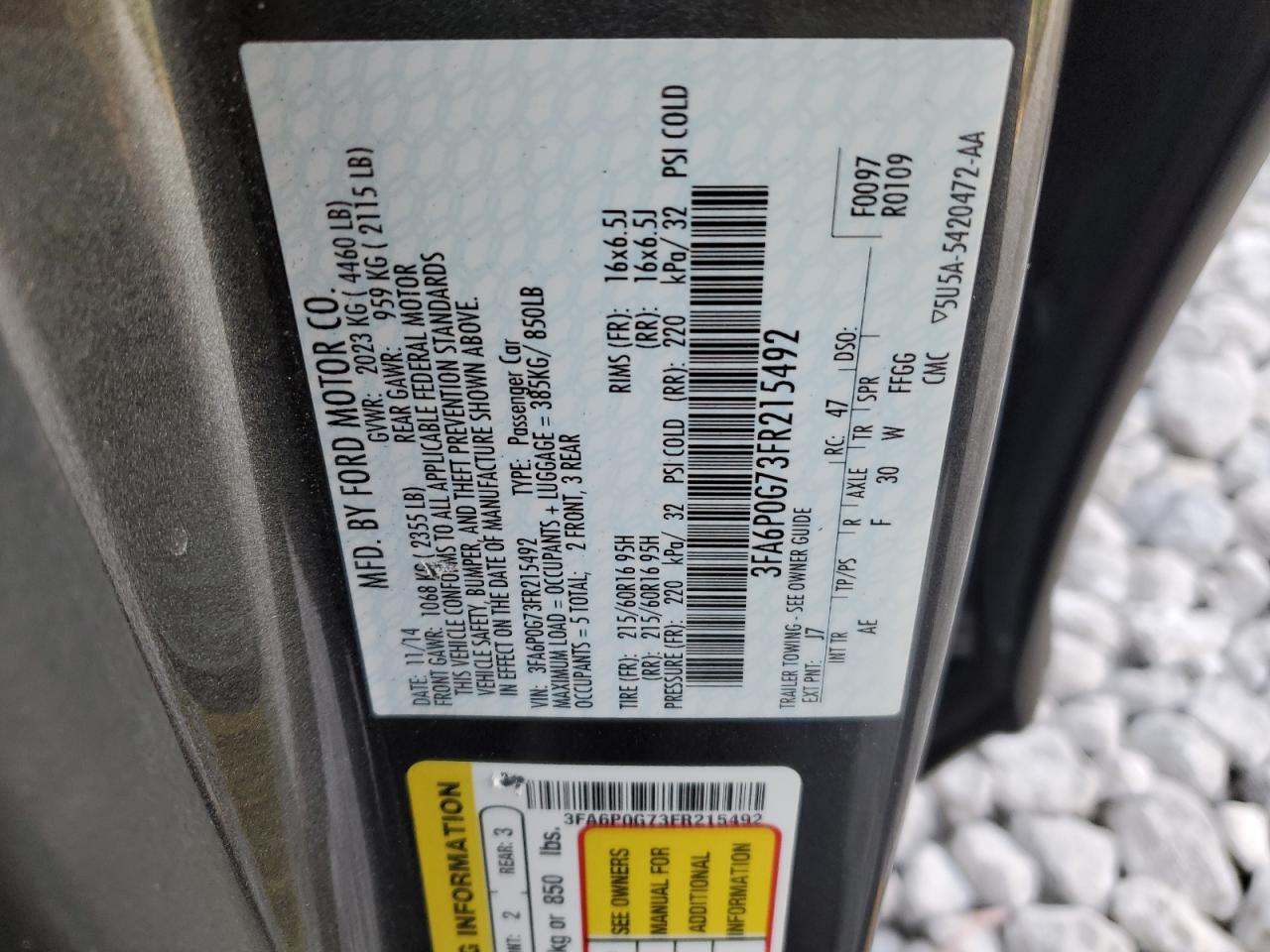 2015 Ford Fusion VIN 3FA6P0G73FR215492 Copart auction photo, rear end / frame damage damage thumbnail 12