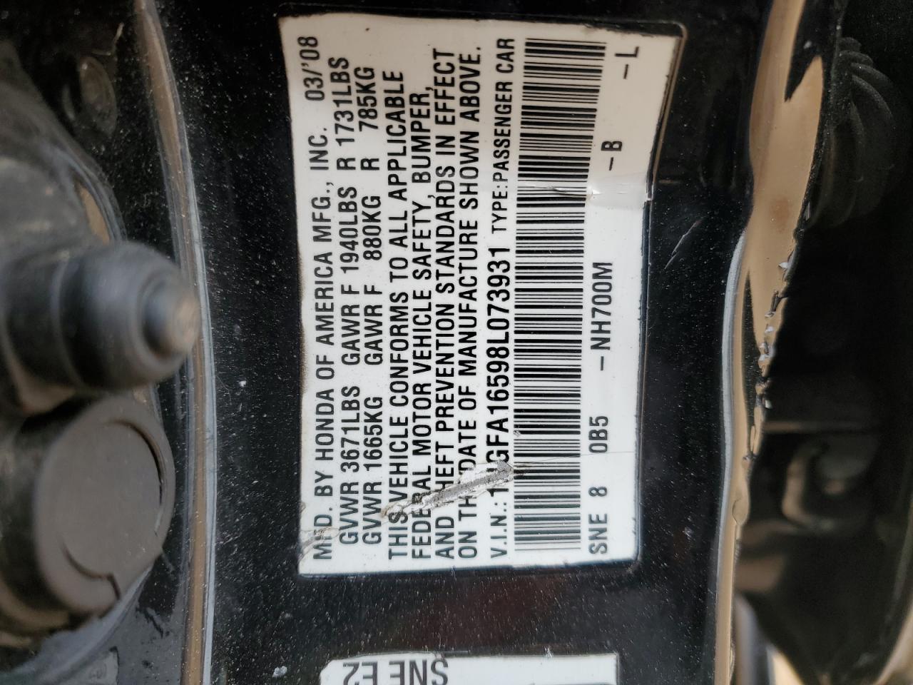 2008 Honda Civic VIN 1HGFA16598L073931 Copart auction photo, all over damage thumbnail 15