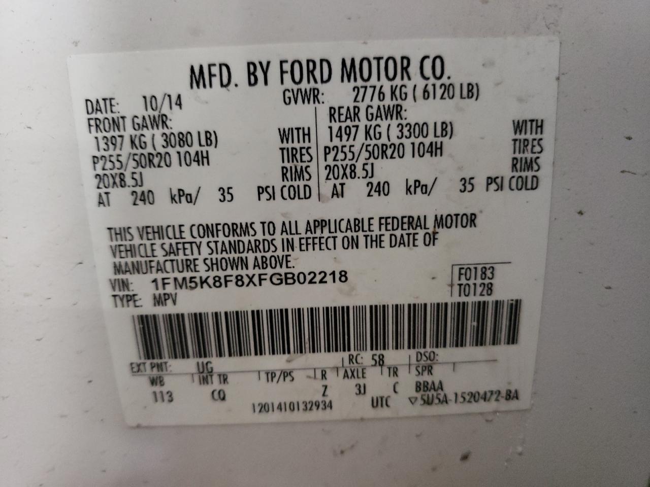 2015 Ford Explorer VIN 1FM5K8F8XFGB02218 Copart auction photo, rear end damage thumbnail 13