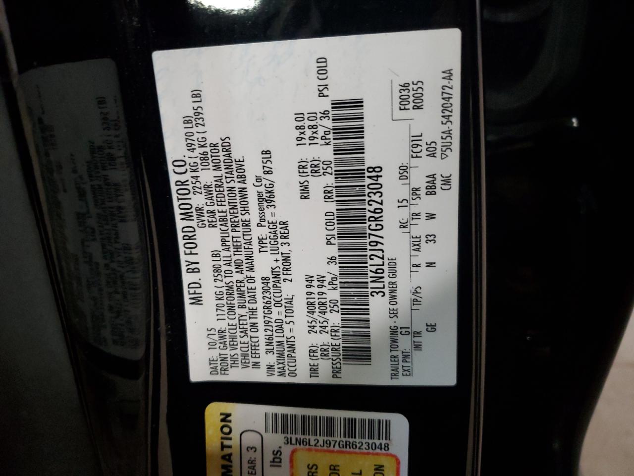 2016 Lincoln MKZ VIN 3LN6L2J97GR623048 Copart auction photo, front end damage thumbnail 15