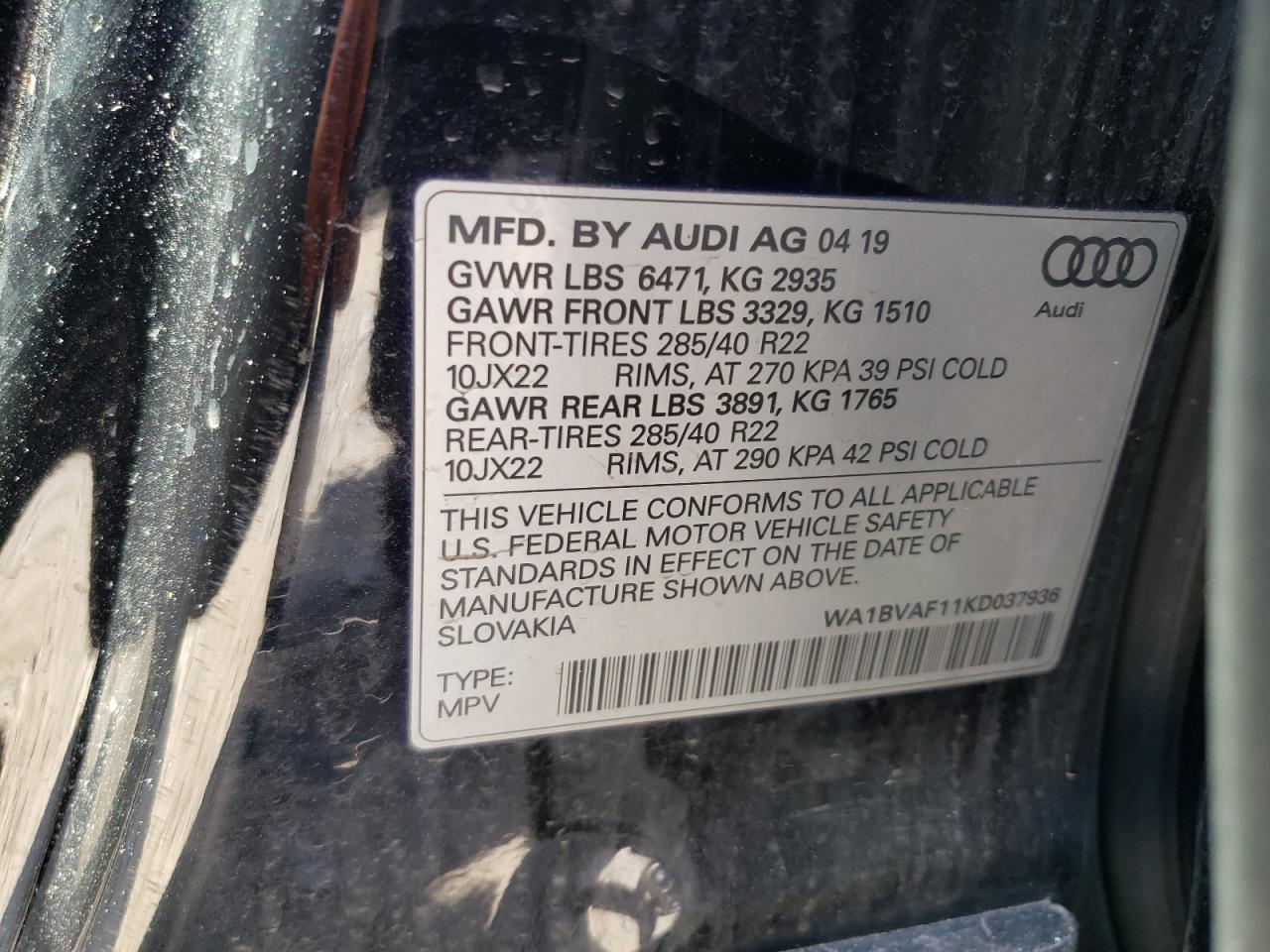 2019 Audi Q8 VIN WA1BVAF11KD037936 Copart auction photo, front end damage thumbnail 16