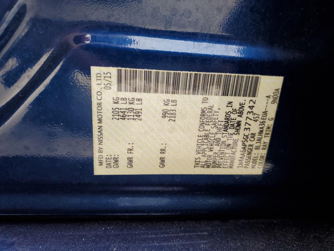 2016 Nissan Maxima VIN 1N4AA6AP5GC377342 Copart auction photo, rear end damage thumbnail 12