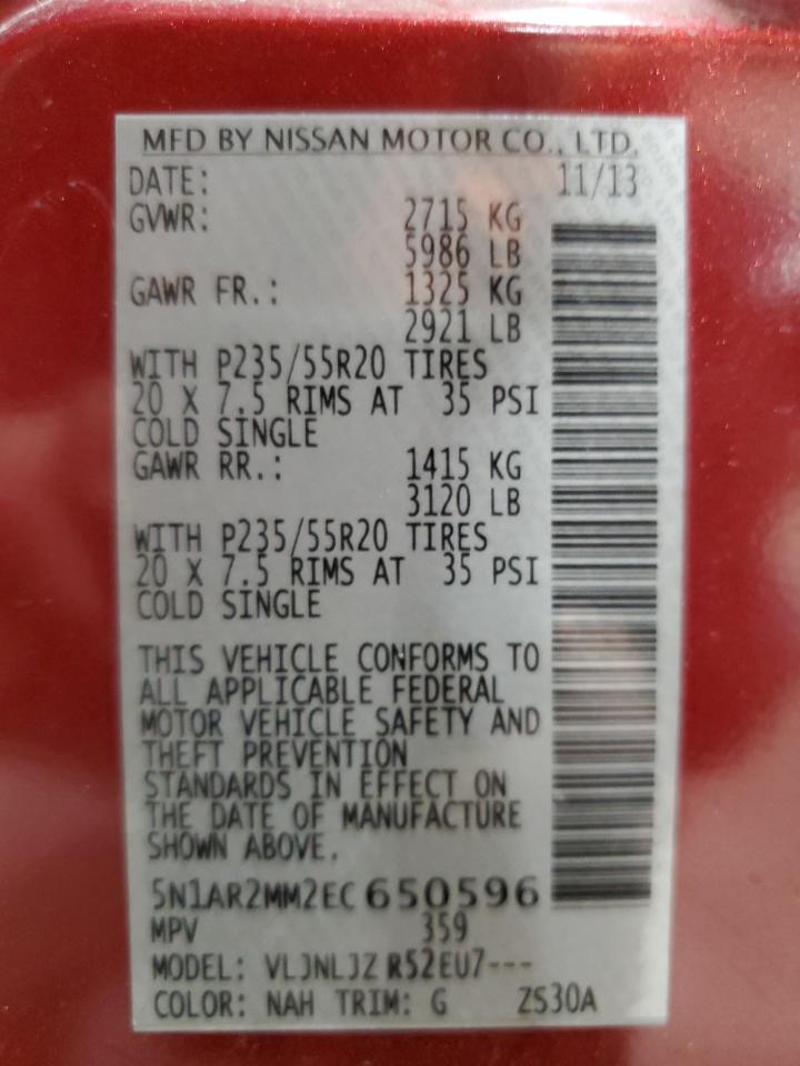 2014 Nissan Pathfinder VIN 5N1AR2MM2EC650596 Copart auction photo, front end / rear end damage thumbnail 13