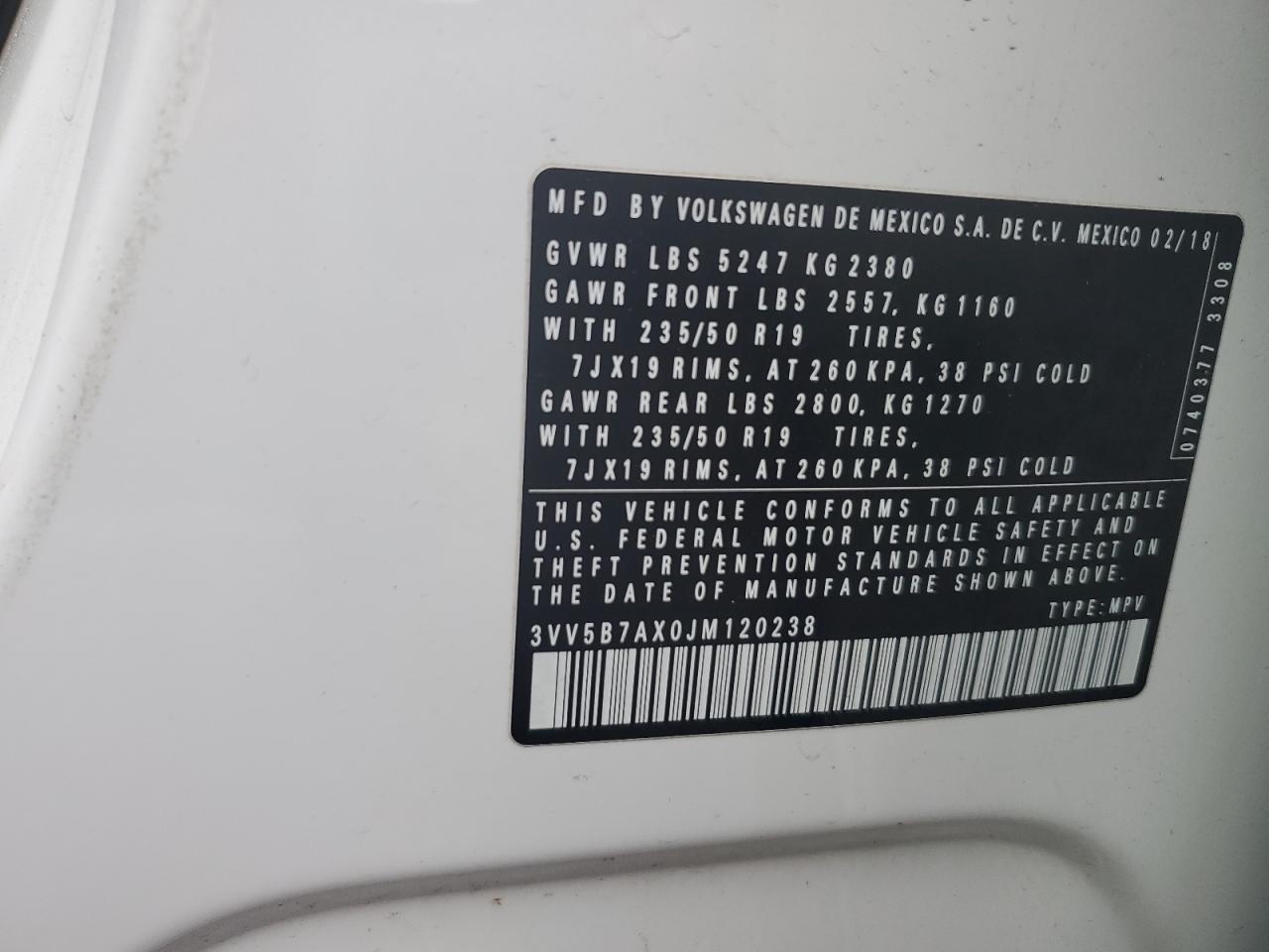2018 Volkswagen Tiguan VIN 3VV5B7AX0JM120238 Copart auction photo, side damage thumbnail 13
