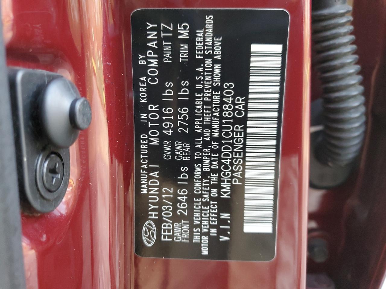 2012 Hyundai Genesis VIN KMHGC4DD1CU188403 Copart auction photo, front end / side damage thumbnail 12